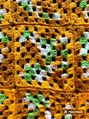 Granny Square Afghan Throw Gold Orange Green White Approx. 68" x 30" Rectangle - Image 1 of 2