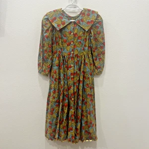 Vintage Mousefeathers Girls 10 Cherry Print 3/4 Sleeve Collared Dress 90s - Picture 1 of 16