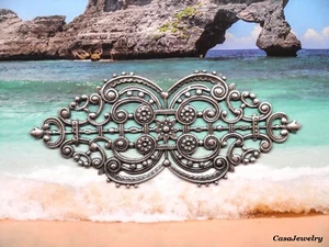 #1864 LARGE ANTIQUED STERLING SILVER PLATED FILIGREE BARRETTE COMPONENT - 1 Pc - Picture 1 of 3