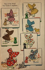 1939 McCall Kaumagraph Transfer #668 Sunbonnet & Kitty Geschirrtücher in Applikation UC - Bild 1 von 4