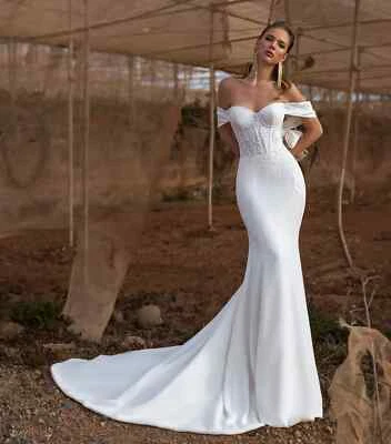 Sexy Mermaid Wedding Dresses Off the Shoulder Satin Appliques Train Bridal Gowns - Image 1 of 4