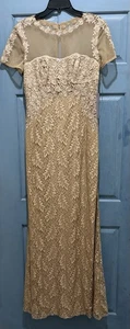 JS COLLECTIONS Champagne Gold MOB FloralLace Cap Sleeve Illusion Maxi Gown 8 NWT - Picture 1 of 17