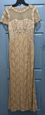 JS COLLECTIONS Champagne Gold MOB FloralLace Cap Sleeve Illusion Maxi Gown 8 NWT - Image 1 of 4