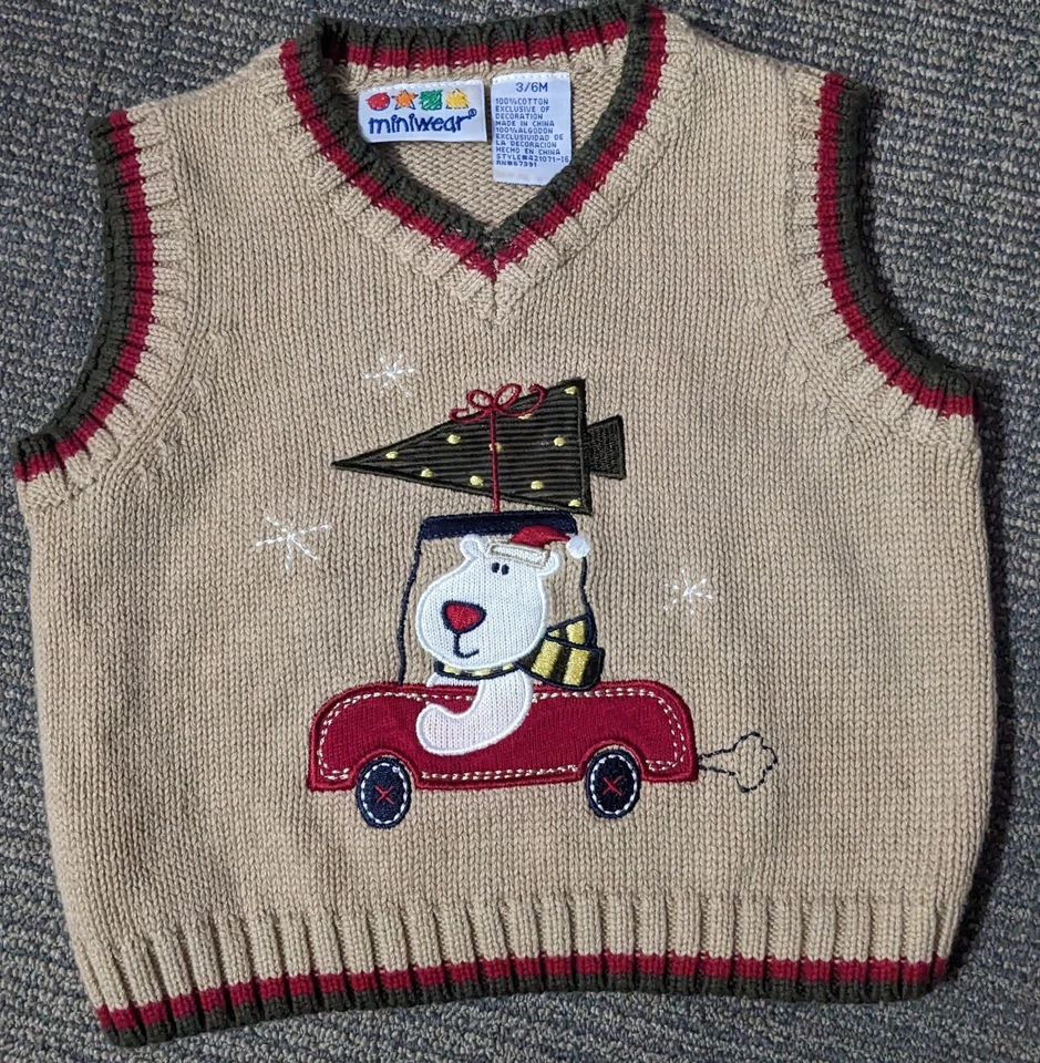 Christmas Sweater Vest Baby 3/6 Month  Bear Car Tree Cotton Miniwear Holiday - Image 1 of 3