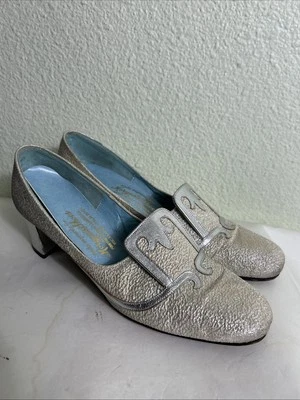 Vintage 60s? Metallic Silver Slip On Heel 2” Morgan’s Shoes Pompano Size 7 - Image 1 of 4