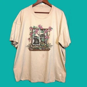 Vintage Katze T-Shirt Thrashed Destroyed Beige 2 Katzen im Fenster Blumen 3XL - Bild 1 von 7