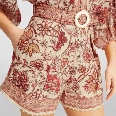 Pantalones Cortos Zimmermann Vitali Talla 0/8 AU/4 EE. UU. Recortados Tuck Cinturón Floral Foto 1 de 4