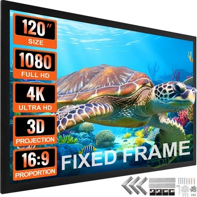 Uimoso 120" Aluminum Fixed Frame 16:9 Projector Screen Velvet Matte Home Theater - Image 1 of 4