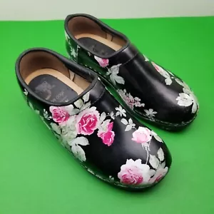 Cape Clogs Swedish Leather And Wooden Clogs Black with Rose Print Sz 40 (US 9) - Picture 1 of 9