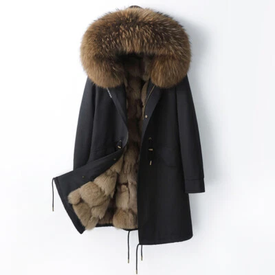 Para mujeres Invierno Cuello de Piel de Mapache Real Parka Forro de Piel de Zorro Abrigos Chaquetas Exterior Foto 1 de 4