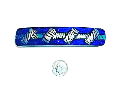 Handmade By Janet Wolery - 4" Dichroic Fused Glass Barrette - BLUE ZEBRAS - Image 1 of 4