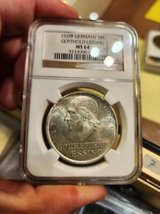 L19 Germany Weimar 1929-F Silver 5 Marks Lessing NGC MS-64 - Picture 1 of 2