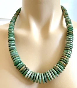 Chinese Jade Graduated Disks Bead 24" Long Necklace Sterling Silver Clasp - Picture 1 of 8