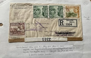 Malta WWII Censor Cover to US (23-S13) +Tri-Color KGVI#192-3+298+Multi Censors! - Picture 1 of 2