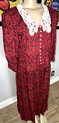 VTG Miss Dorby Red Floral w/Eyelet Collar Pearl Button  Dress   SZ 16 NWTS br2 - Image 1 of 4