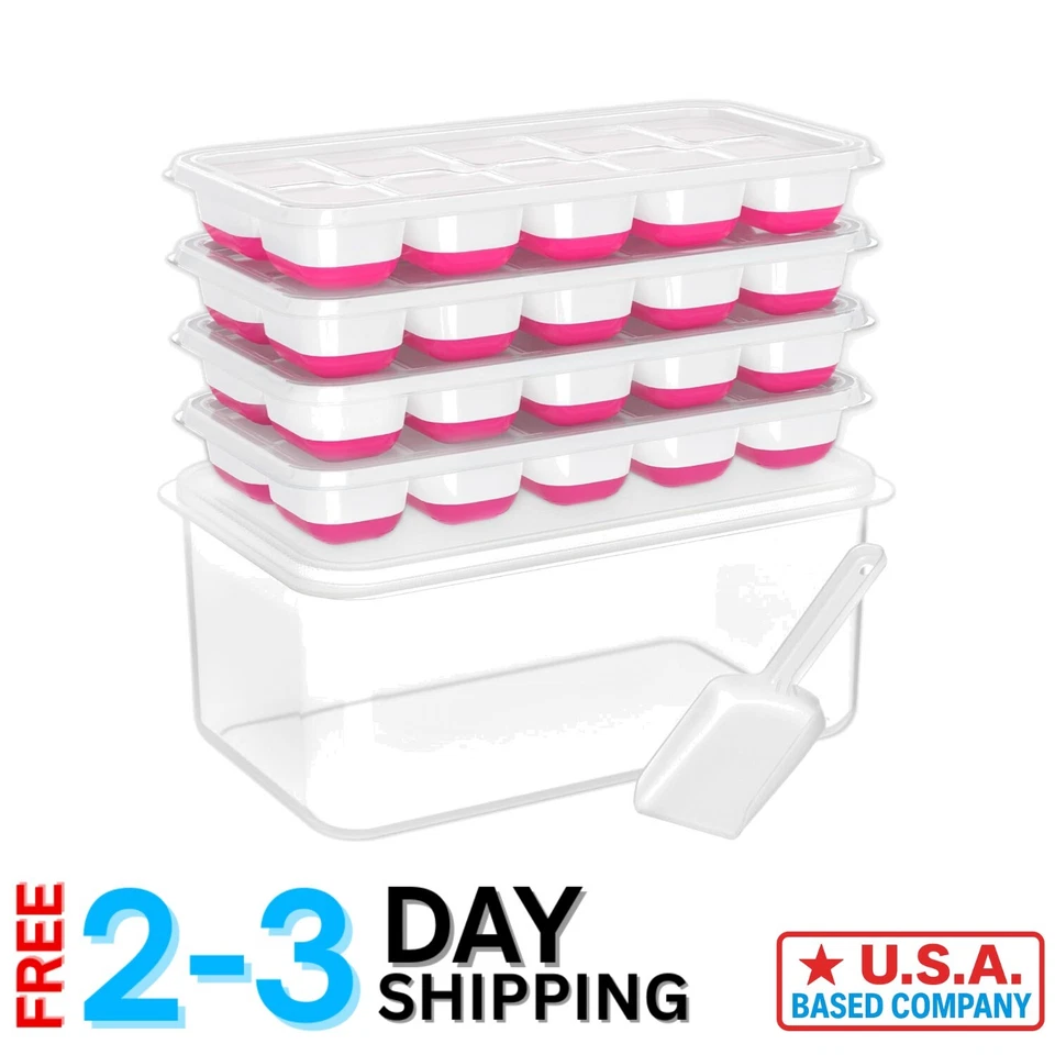 4-Pack BPA-Free Ice Cube Trays with Bin & Scoop – Easy Release & Dishwasher Safe - Image 1 of 4