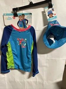 Kid's Sun Smart 4-6 Years Lobster Swim Tee Rash Guard & Matching Bucket Hat New - Picture 1 of 2