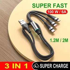 3 in 1 USB Fast Charging Cable 100W/6A for iPhone/Android- 1.2M/2M - Picture 1 of 7