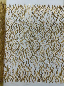 GOLD - Beaded Lace/Sequin Embroider Lace Fabric - Sold by The Yard. - Picture 1 of 3