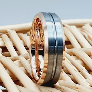 Brushed Center Gun Metal Groove Tungsten Ring Rose Gold Tungsten Wedding Ring - Picture 1 of 7