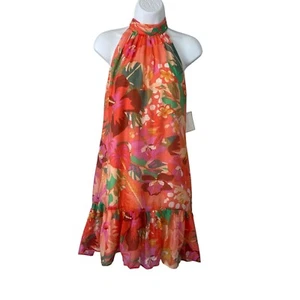 1. State Neckholder Minikleid Blattmuster Rüschensaum Tropical Art Deco Frühling M - Bild 1 von 12
