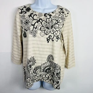 Alfred Dunner Womens Top sz S Cream Black Floral 3/4 Sleeve Round Neck Stretch - Picture 1 of 20