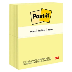 Post-it 655 Post-it Notes, 3 x 5", Canary Yellow, Pack of 12 - Picture 1 of 2