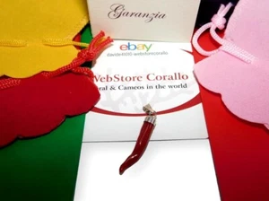 Coral HORN in Italian red Pendant 925 Silver of natural Gemstone Cornicello real - Picture 1 of 3