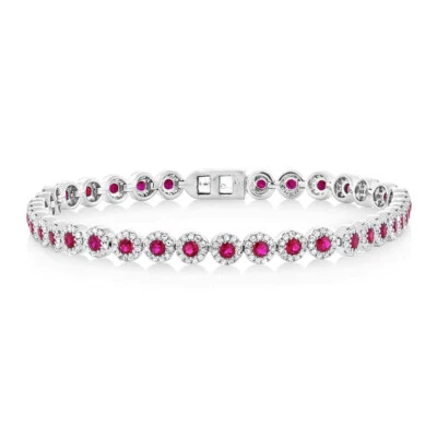 Diamond Ruby Bracelet 14K White Gold Round Halo 3.25CT Certified Natural Womens - Image 1 of 2