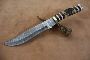 13" INCHES HANDMADE DAMASCUS STEEL BOWIE KNIFE WITH STAG HANDLE W/SHEATH - Picture 1 of 7