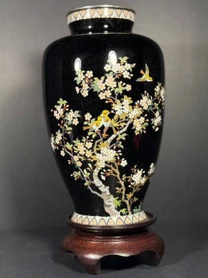 Japanese Meiji Cloisonné Vase Hayashi Kodenji School Sparrows & Blossom - Image 1 of 4