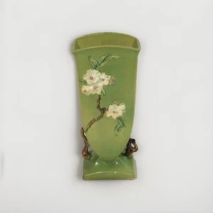 Roseville Apple Blossom Two Handle Green Vase 12” Tall 390-12 - Picture 1 of 12