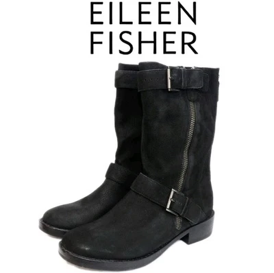 Botas de moto Eileen Fisher de cuero negro gamuza media pantorrilla con cremallera para mujer talla 6 Foto 1 de 4