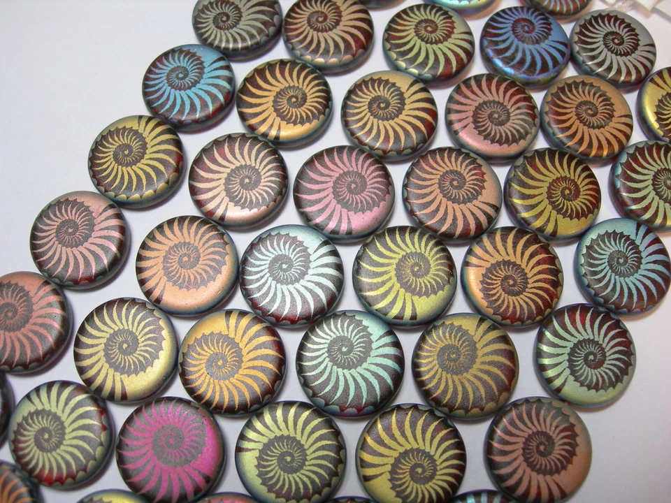 8 contas de moedas espirais de vidro tcheco fosco íris Nautilus 14 mm - Imagem 1 de 1