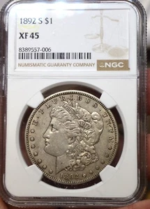 1892-S DOLLARO MORGAN NGC CERTIFICATO XF 45 SUPERIOR RARO DOLLARO DATA! - Foto 1 di 2
