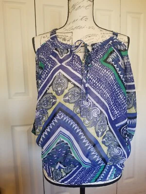 IZ Byer Top Large Blue Multi Paisley Scoop Nk ShSlv Cold Shldr Elastic Waist EUC - Image 1 of 4