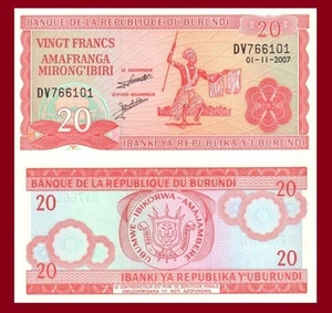 10 notes - Burundi P27d, 20 Francs, tribal dancer with spear / arms, UNC, 2005 - Picture 1 of 1