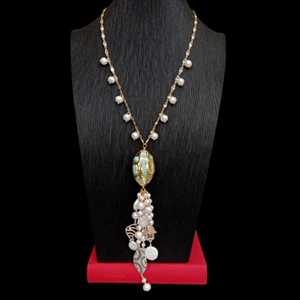 White Pearl Blue Larimar Pendant Cz Pave Charm Rosary Chain Tassel Necklace - Picture 1 of 6