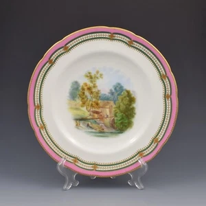 Stunning Minton Porcelain Pearl Jewelled Landscape Dessert Plate Pink Ground 1 - Picture 1 of 8