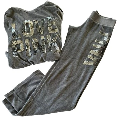 Vintage Pink Victorias Secret Gray Velour Silver Sequin Track Suit Hoodie S/L - Image 1 of 4