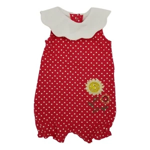 Okie-Dokie Girls Red Sleeveless Embroided Flower Polka Dot Romper Infant 12 M - Picture 1 of 10