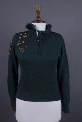 Suéter de malha LAUREL vintage verde bordado floral lã alpaca tamanho 4 - Imagem 1 de 4