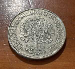 1928 A Germany Wiener Republic Oak Tree 5 Mark Silver Coin AU