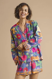 Puder Damen Blumen Tiger Indigo Pyjama Shorts Set Größe M Modal Loungewear - Bild 1 von 16