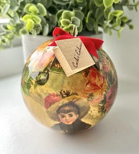 Vintage Victorian Christmas Decoupage 5” Round Holiday Ornament With Red Bow - Picture 1 of 3