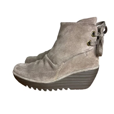 FLY LONDON YEBI Ankle Wedge Heel Booties Size 39 (8 - 8.5 US) Tan Suede Back Tie - Image 1 of 4
