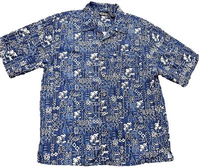 OP SPORT Ocean Pacific Hawaiian Shirt Mens L Blue White Tapa Print Tropical Luau - Image 1 of 4