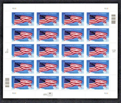 U.S. #3508 MHN,  HONORING VETERANS Sheet, FV $6.80 (2000) - Image 1 of 2