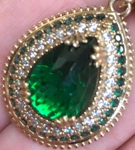 Genuine Tourmaline Emerald Diamond 14K Gold Solid silver pear Green Necklace - Picture 1 of 10