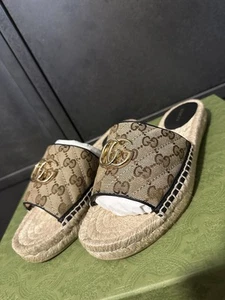 Gucci Women’s Brown Pilar Interlocking GG Espadrille Sliders Size 8.5UK/EU41.5 - Picture 1 of 15
